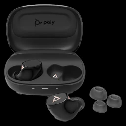Front view of Poly Voyager Free 20 earbuds