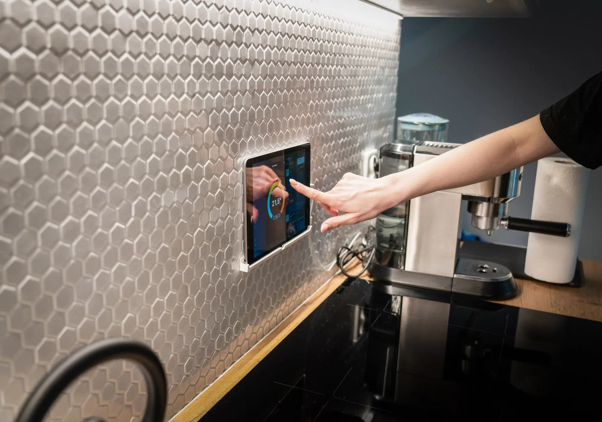 Wall-mounted touchscreen used to control building automation