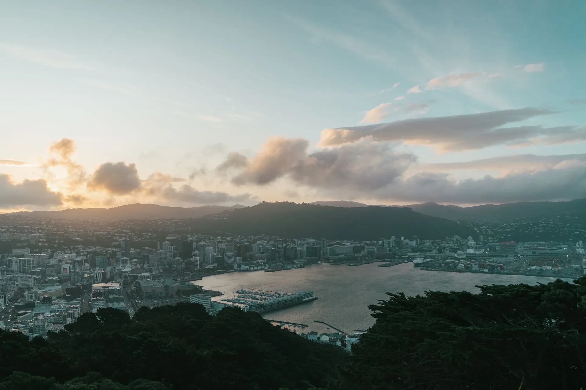 Wellington city and harbour at sunset
