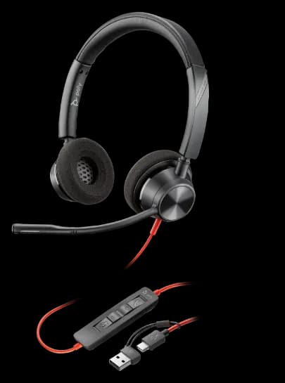 Poly Blackwire 3320 corded stereo UC headset with inline call controls and USB-C to USB-A adapter