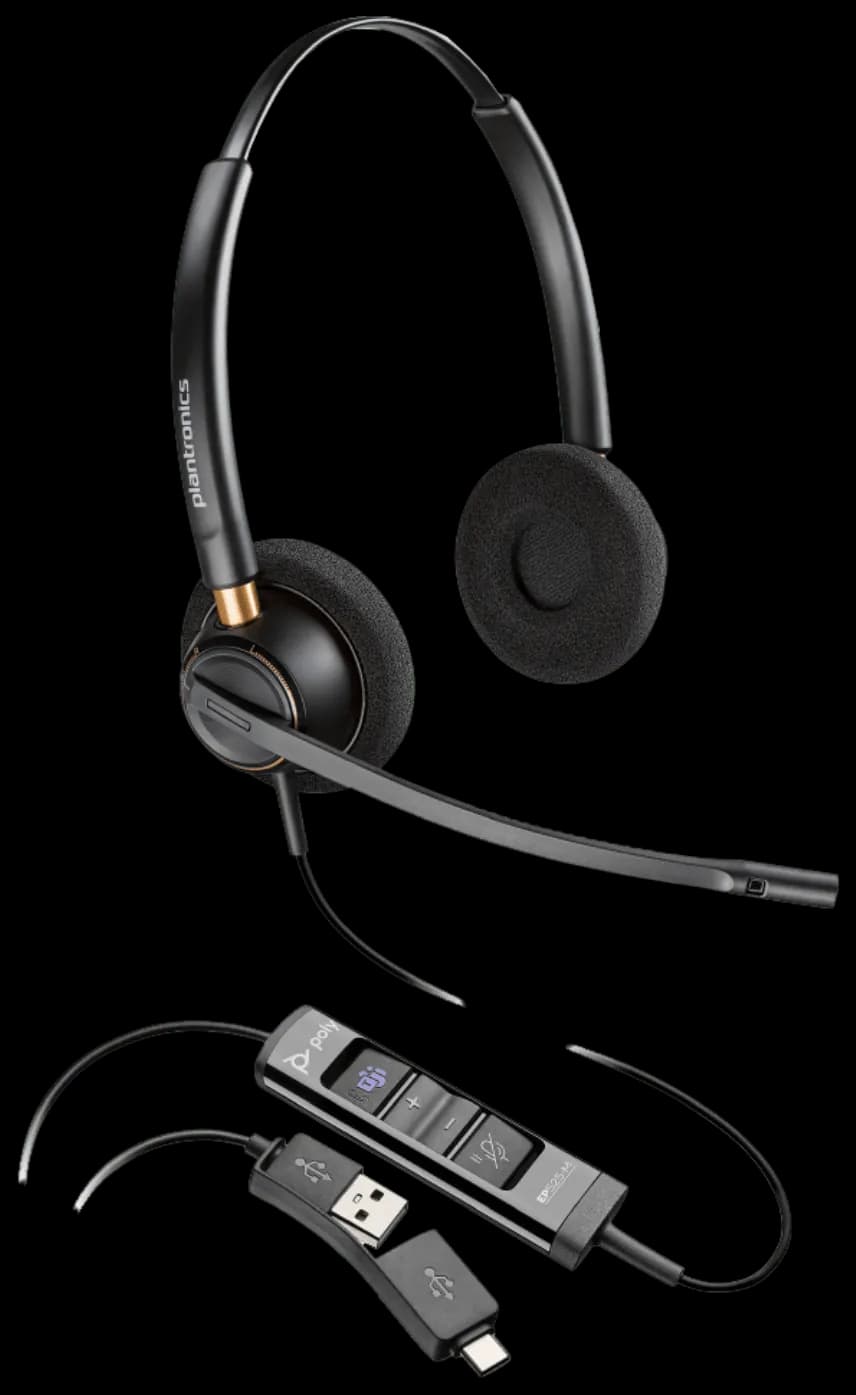A black stereo headset that is corded to connect to a phone or a computer. Connects using a USB-A cord. Cord has audio and call setting controls.